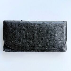 Charcoal Ostrich Leather Bi Fold Over Wallet Black / Gray